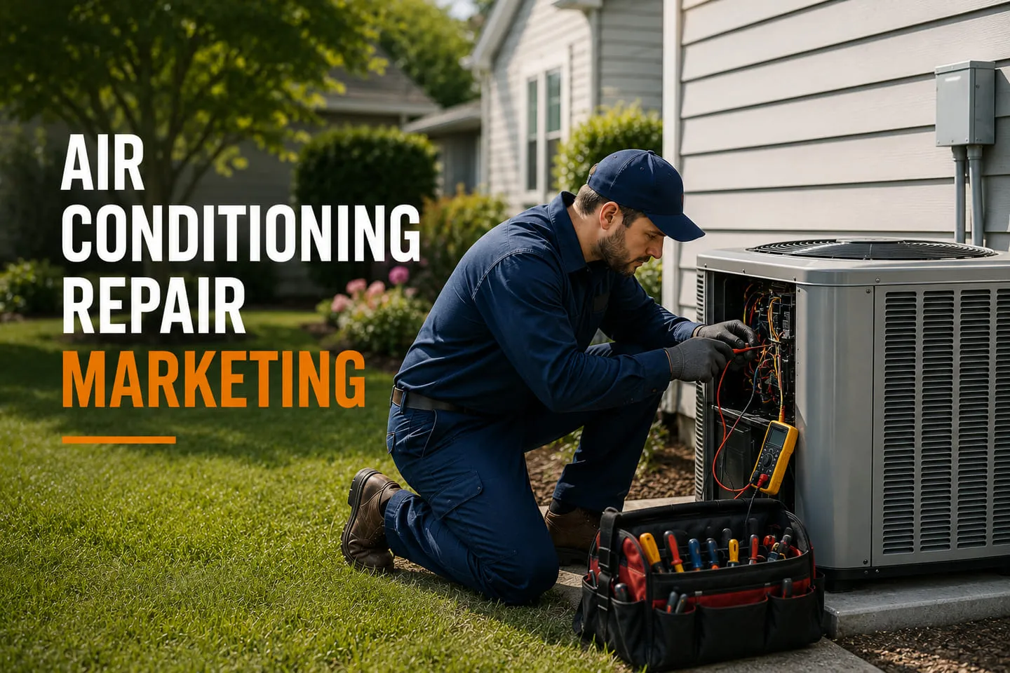 A technician diagnosing an outdoor air conditioning condenser unit with a multimeter beside a suburban home