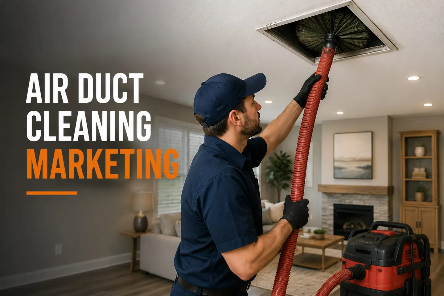 A technician cleaning a ceiling air duct vent with a rotary brush and vacuum hose inside a home