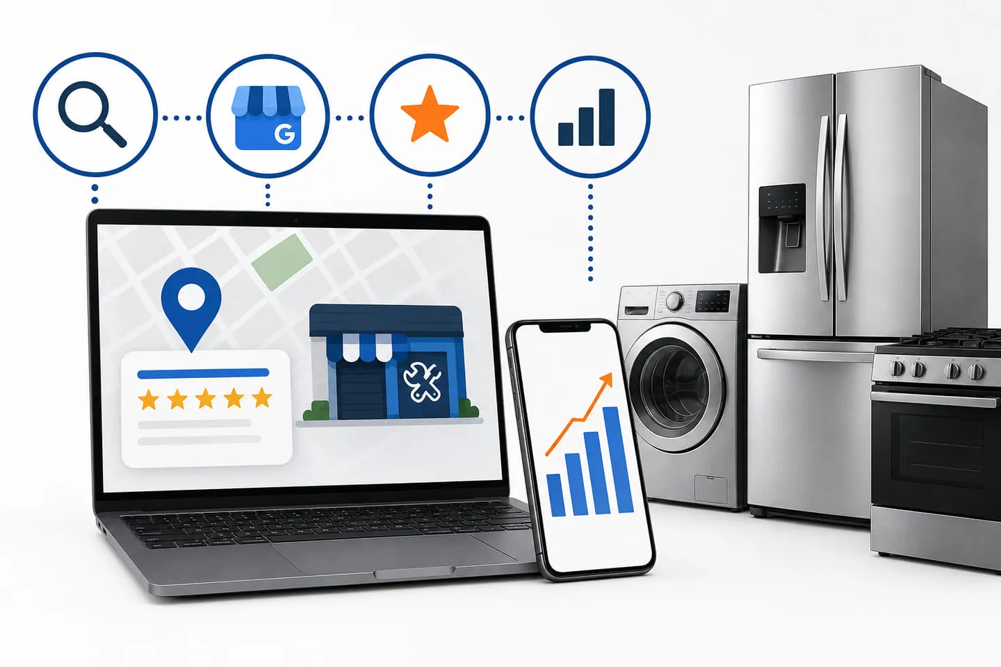 Appliance repair marketing concept: a laptop showing a local map listing with five-star reviews, a phone showing rising call volume, and a lineup of home appliances
