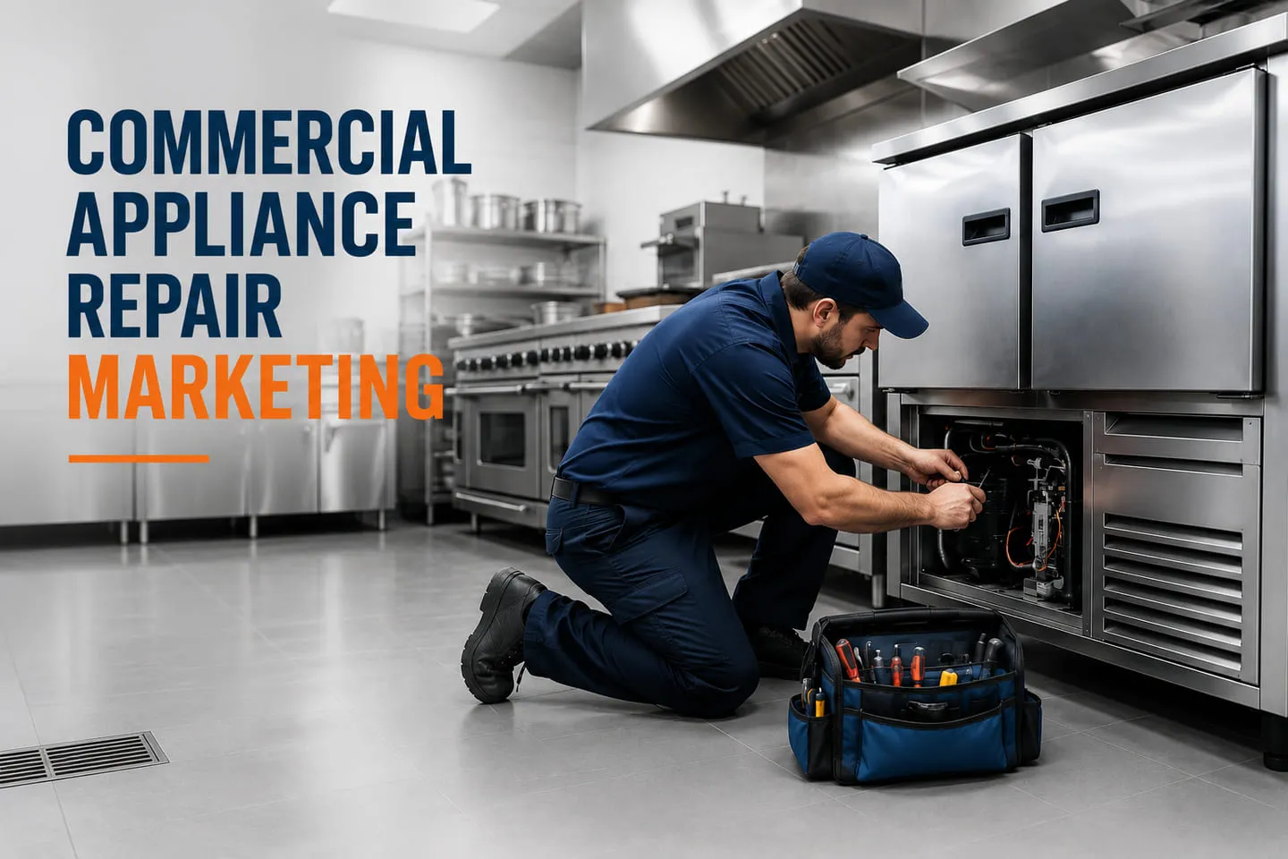 A technician servicing stainless commercial refrigeration equipment in a professional kitchen