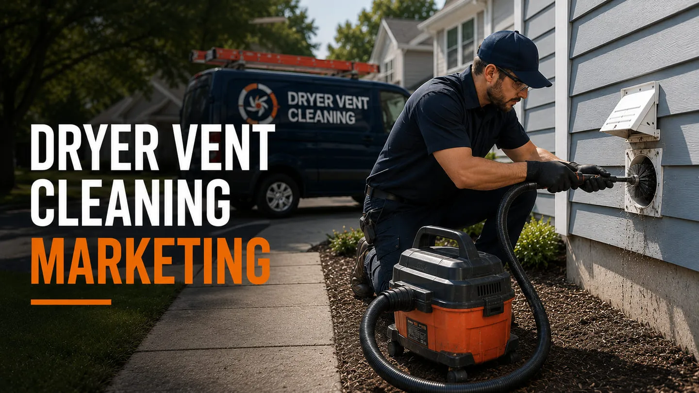 A technician cleaning an exterior dryer vent with a rotary brush and vacuum, with a branded dryer vent cleaning van parked at the curb