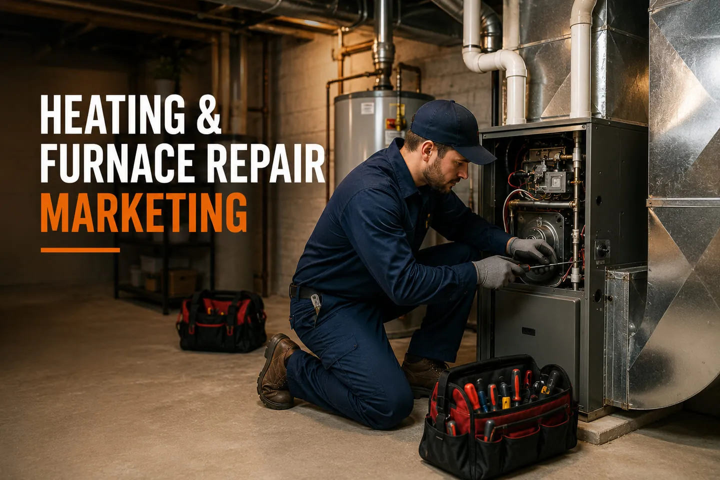 A technician repairing a residential gas furnace in a basement utility room
