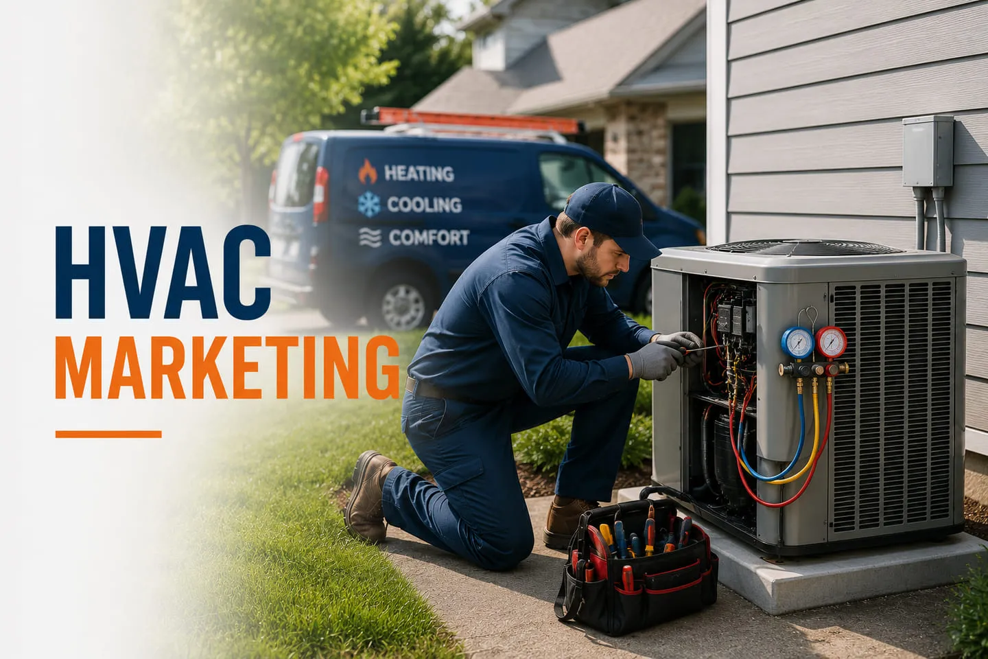 An HVAC technician servicing an outdoor condenser unit with gauges attached, next to a branded heating and cooling service van