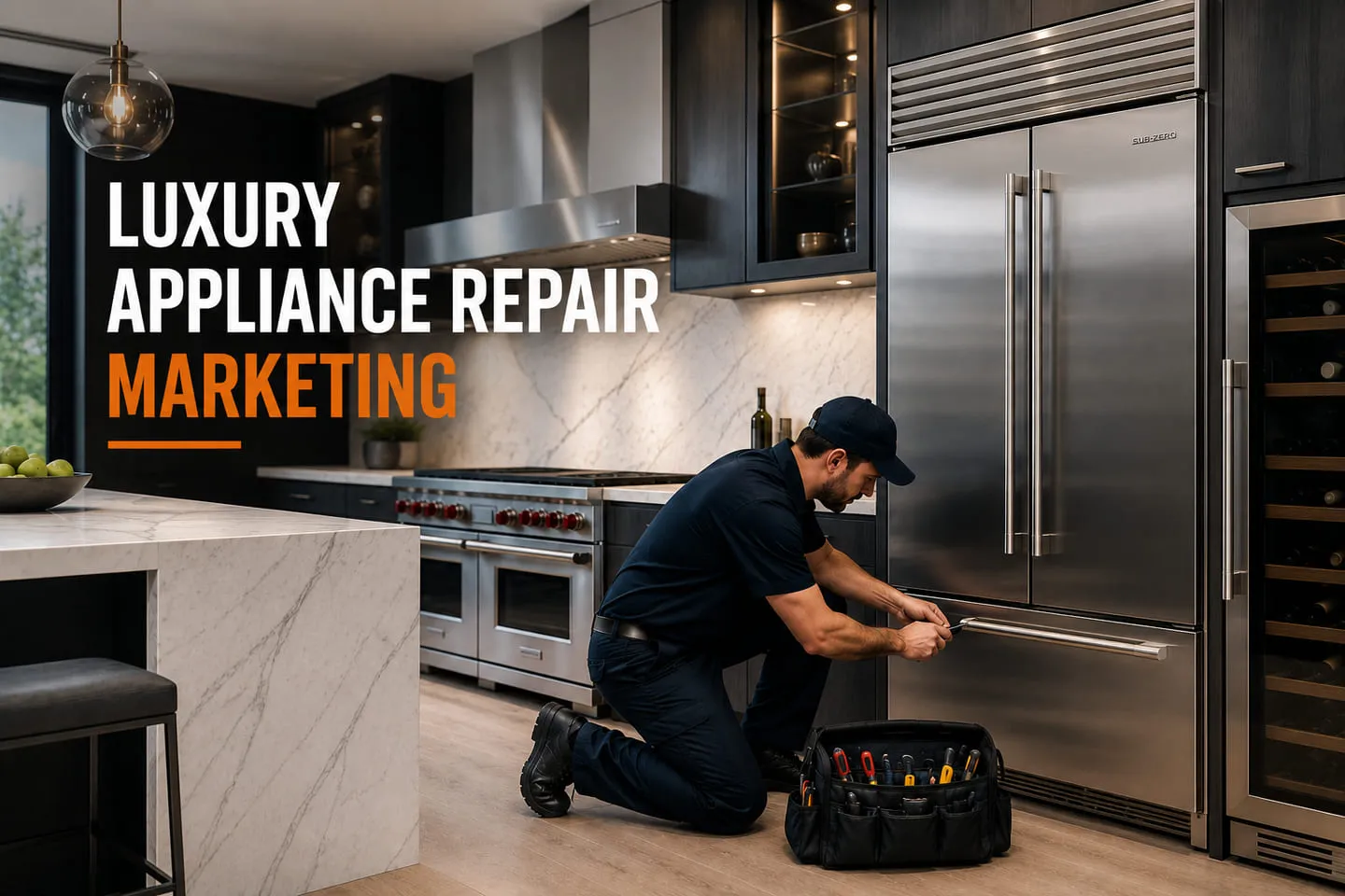 A technician working on a built-in luxury refrigerator in a high-end kitchen with a professional range and wine storage