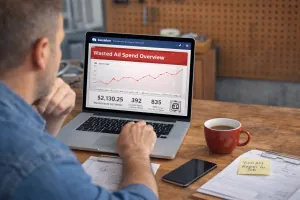 Appliance repair business owner analyzing wasted ad spend on a laptop screen