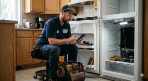 Appliance repair technician checking his phone while working on a refrigerator. 