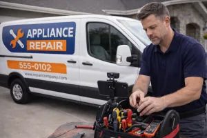 Appliance repair technician preparing tools and branded service vehicle for video verification