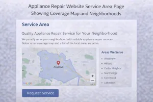 Appliance repair website service area page showing coverage map and neighborhoods