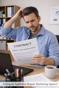 Business owner reviewing contract from an appliance repair marketing agency