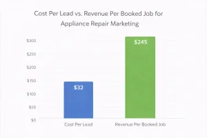 Chart comparing cost per lead versus revenue per booked job for appliance repair marketing.