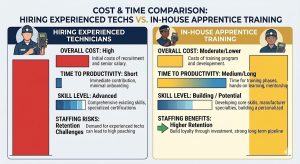 Chart comparing the cost of hiring experienced techs versus training apprentices in-house.