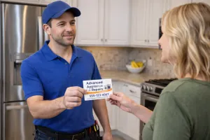 Appliance repair technician handing a business card to a homeowner in a kitchen.
