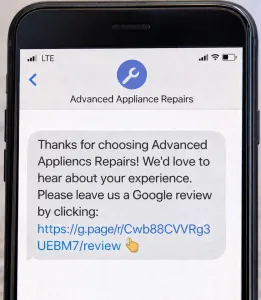 Automated text message requesting a customer review after a completed repair job.