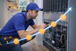 Technician repairing a refrigerator with a digital marketing graph overlay representing lead growth.