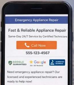 Mobile-friendly landing page example featuring a prominent click-to-call button and trust badges.