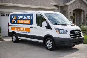 Clean and organized branded service van parked in a residential driveway.