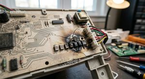 Close up of a damaged washing machine control board before replacement.