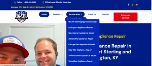 Close-up of a legitimate appliance repair website showing clear service area and pricing.