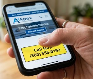 Close-up of a thumb easily tapping a sticky "Call Now" button on a smartphone screen.
