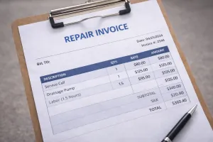 Close-up of a transparent, itemized repair invoice on a clipboard.