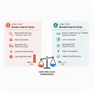 Comparison chart of high cost generic clicks versus low cost branded search clicks.