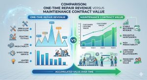 Comparison chart showing one-time repair revenue versus maintenance contract value