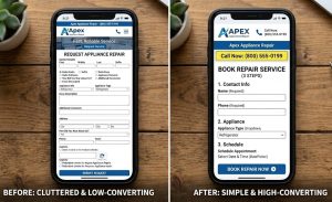 Comparison of a cluttered mobile form versus a simple, high-converting appliance repair booking form.