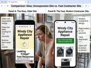 Comparison of a slow responsive site versus a fast contractor website
