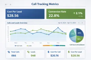 Dashboard view of call tracking metrics showing cost per lead and conversion rate.