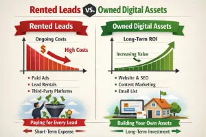 Diagram comparing the cost of rented leads versus the long-term ROI of owned digital assets.

