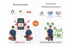 Diagram explaining the difference between shared leads and exclusive marketing systems