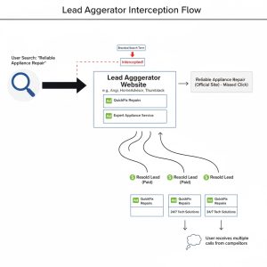 Diagram illustrating how lead aggregators intercept branded searches and resell leads to competitors.
