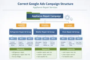 Diagram showing the correct Google Ads campaign structure for appliance repair services