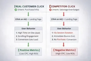 Diagram showing the difference between a real customer click and a competitor click.