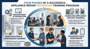 Diagram showing the four phases of a successful appliance repair technician training program.
