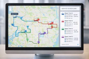 Digital map on a computer screen showing optimized service routes for repair trucks.