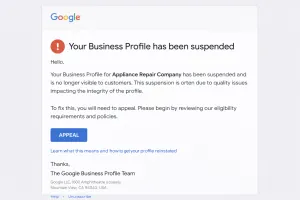 Example of a Google Business Profile suspension notice email for an appliance repair company