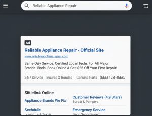 Example of a high-trust branded search ad with call extensions and site links.