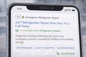 Example of high-converting Google Ads text for emergency refrigerator repair services
