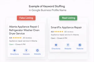 Example of keyword stuffing in a fake Google Business Profile name compared to a real listing