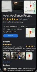 Five star Google Business Profile rating for a local appliance repair company