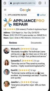 Google Business Profile listing showing five star rating and customer reviews