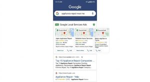 Google Local Services Ads example showing appliance repair businesses at top of search results on mobile