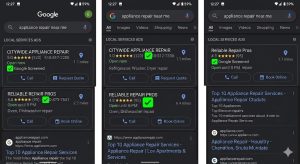 Google Local Services Ads green checkmark for appliance repair search results

