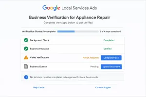 Google Local Services Ads verification dashboard showing required documents for appliance repair businesses