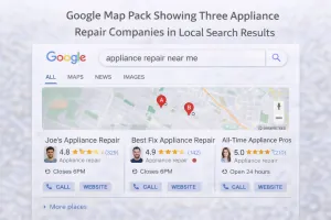 Google Map Pack showing three appliance repair companies in local search results