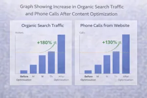 Graph showing increase in organic search traffic and phone calls after content optimization