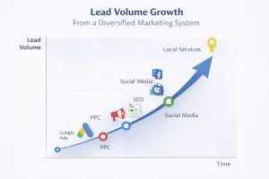 Graph showing lead volume growth from a diversified marketing system