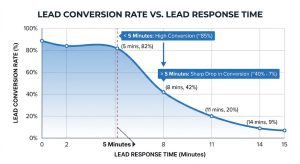 Graph showing the drop in lead conversion rates after five minutes