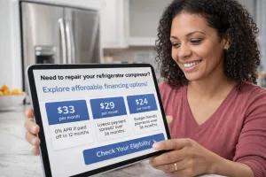 Happy customer reviewing financing options for a refrigerator compressor repair